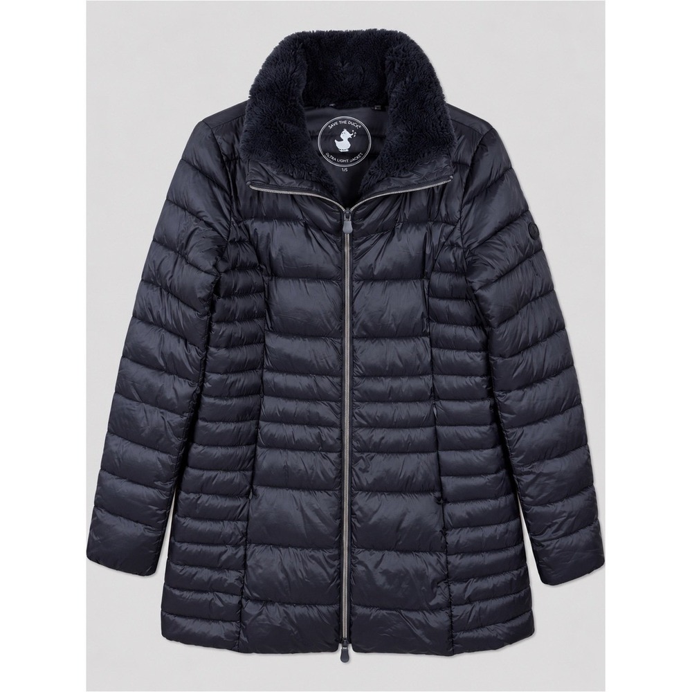 Save The Duck Women Ultra Light Puffer Coat Small Faux Fur Collar Longline Black